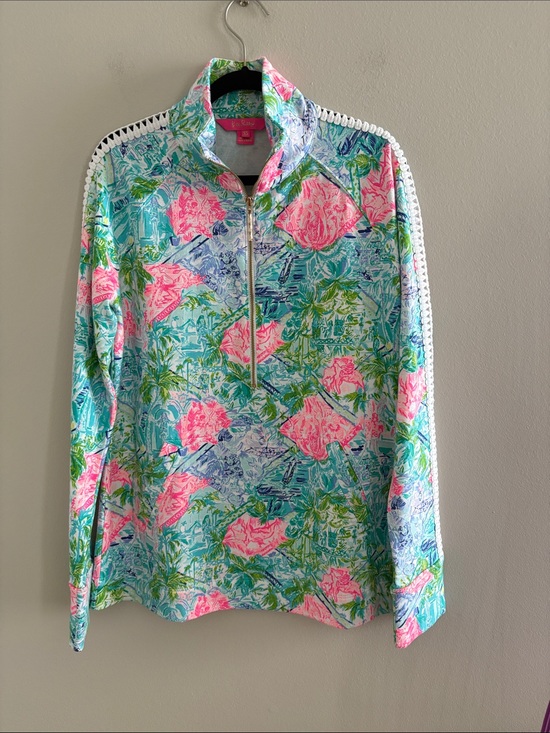 Lilly Pulitzer Tops - Lilly Pulitzer Teal and Pink Floral Half-Zip Pullover